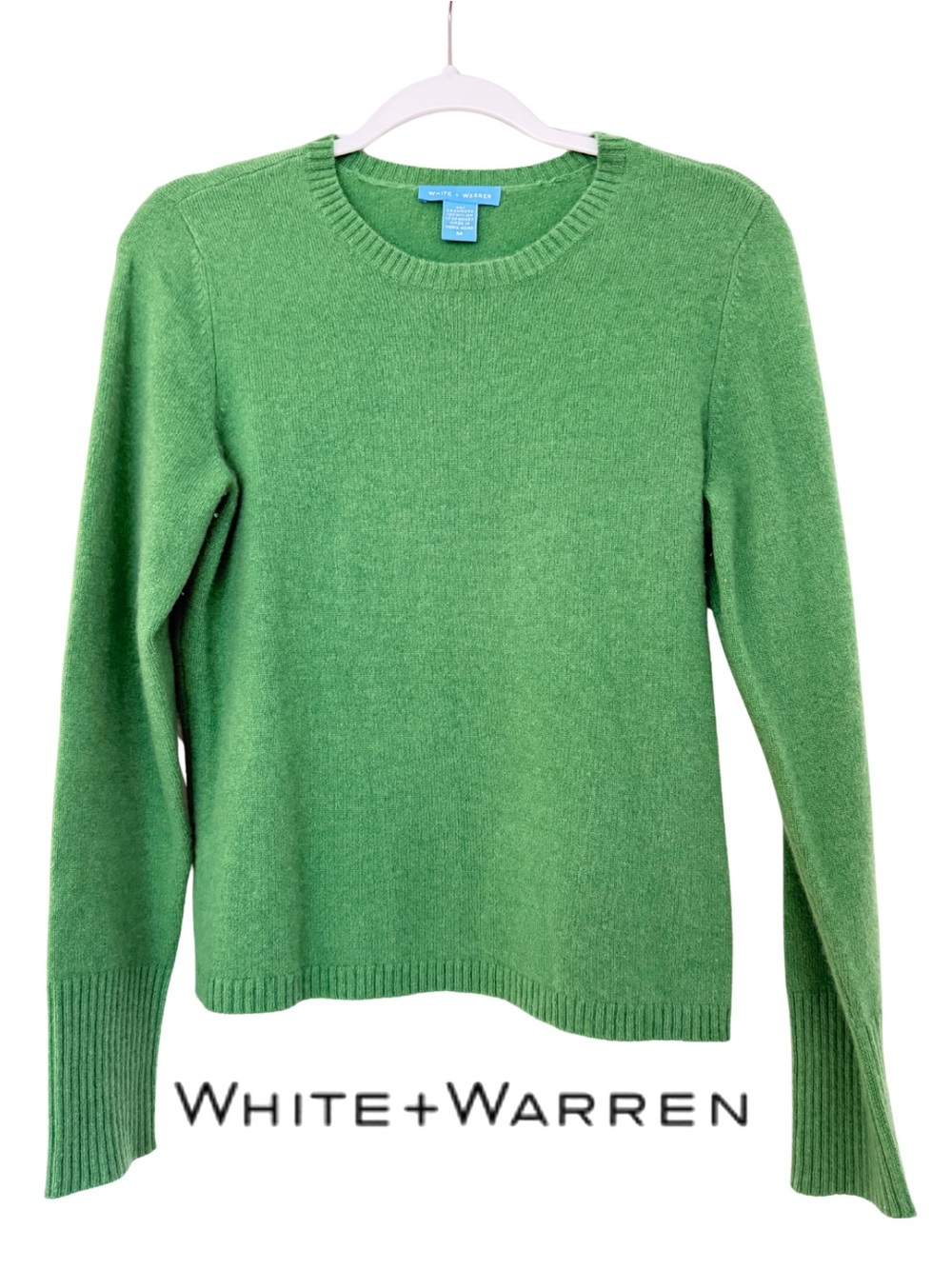 White + Warren Green Cashmere Crewneck Sweater, Size Medium